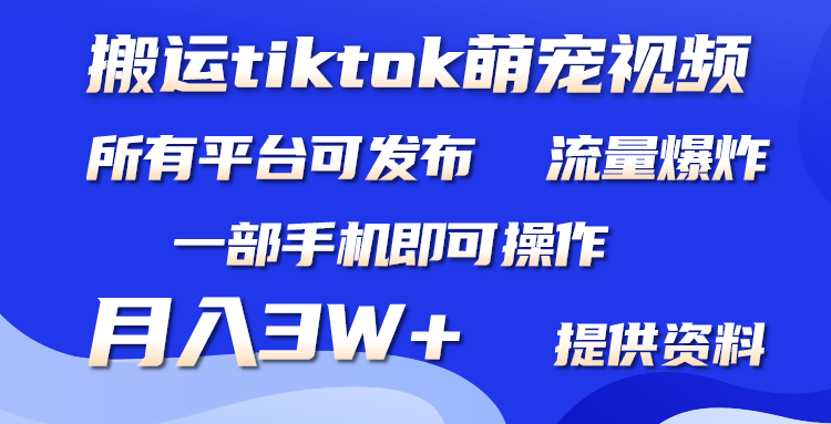 搬运Tiktok萌宠类视频,一部手机即可。所有短视频平台均可操作,月入3W+